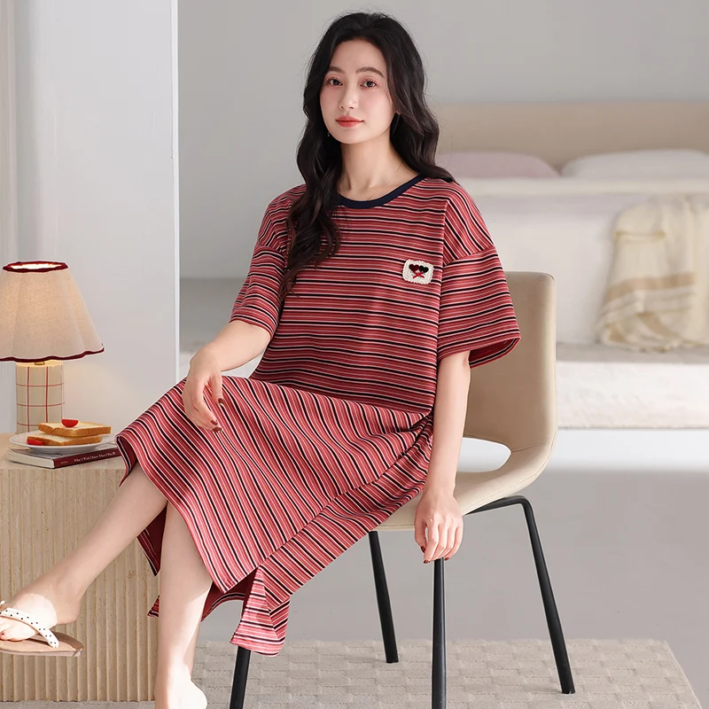

Newest Women Short Sleeve Nightdress Female 100% Cotton Nightwear With Pocket