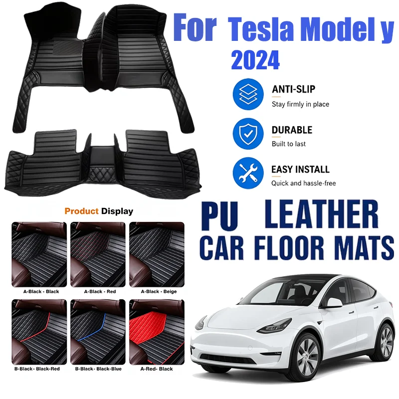 For Tesla Model y 2024, simple and luxurious imitation PU leather car mats, durable, stain resistant, easy to clean,