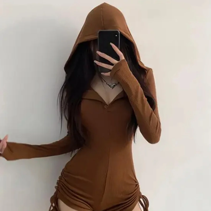 

Sexy Spicy Girl Both Sides Drawstring Lace Up Long Sleeved Hooded Button V-neck Tight Fitting Bodysuit Shorts Women's Clothing