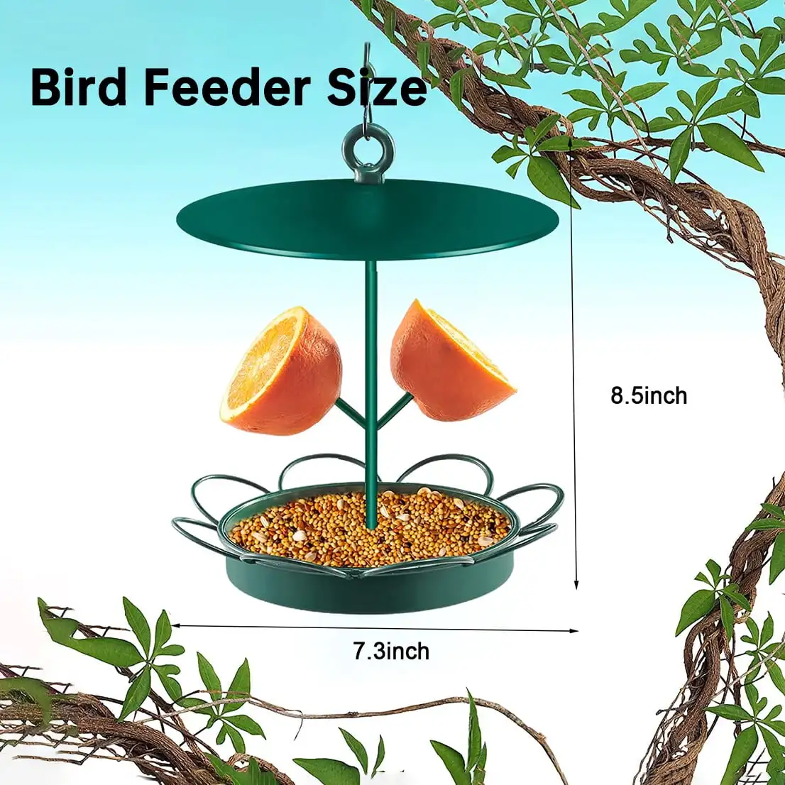 Metal Wild Bird Feeder for Outside, Hanging Bird Feeders with Hook 2LB Capacity Seed Birdfeeder for Outdoors Garden Yard, Green