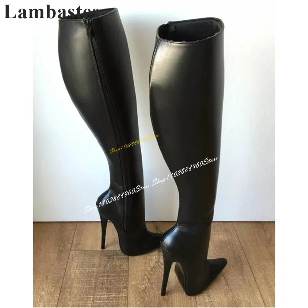 Stivali Slim in pelle nera opaca alla moda alti al ginocchio scarpe da donna con tacco alto sottile cerniera laterale punta a punta 2024 Sexy