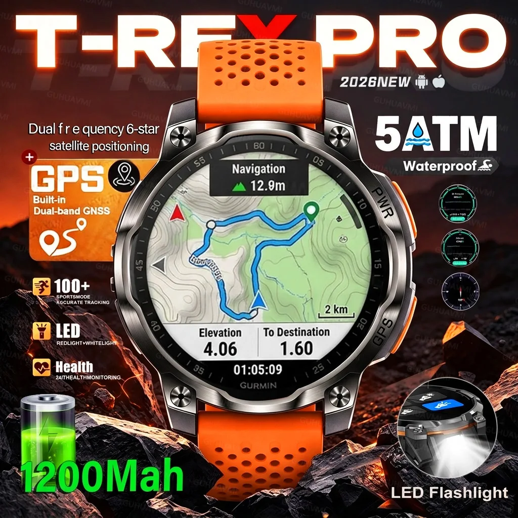 New Technology 2026 GPS Offline Map Smart Watch Men 1200mAh Battery Waterproof Compass Altimeter Flashlight BT Call Smart Watch