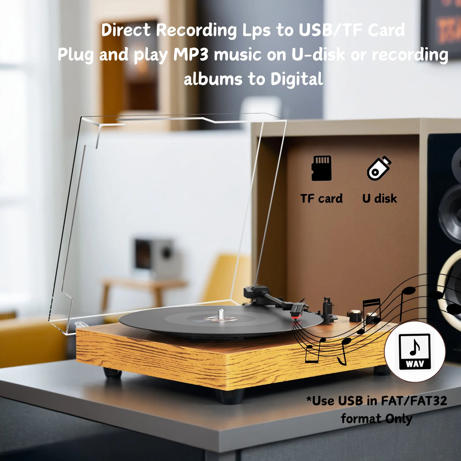 Maio E300 Belt-Driven Vintage Gramophone Device, Vinyl Record, Turntable, High-Fidelity Stereo, Built-In Speaker, 3-Speed