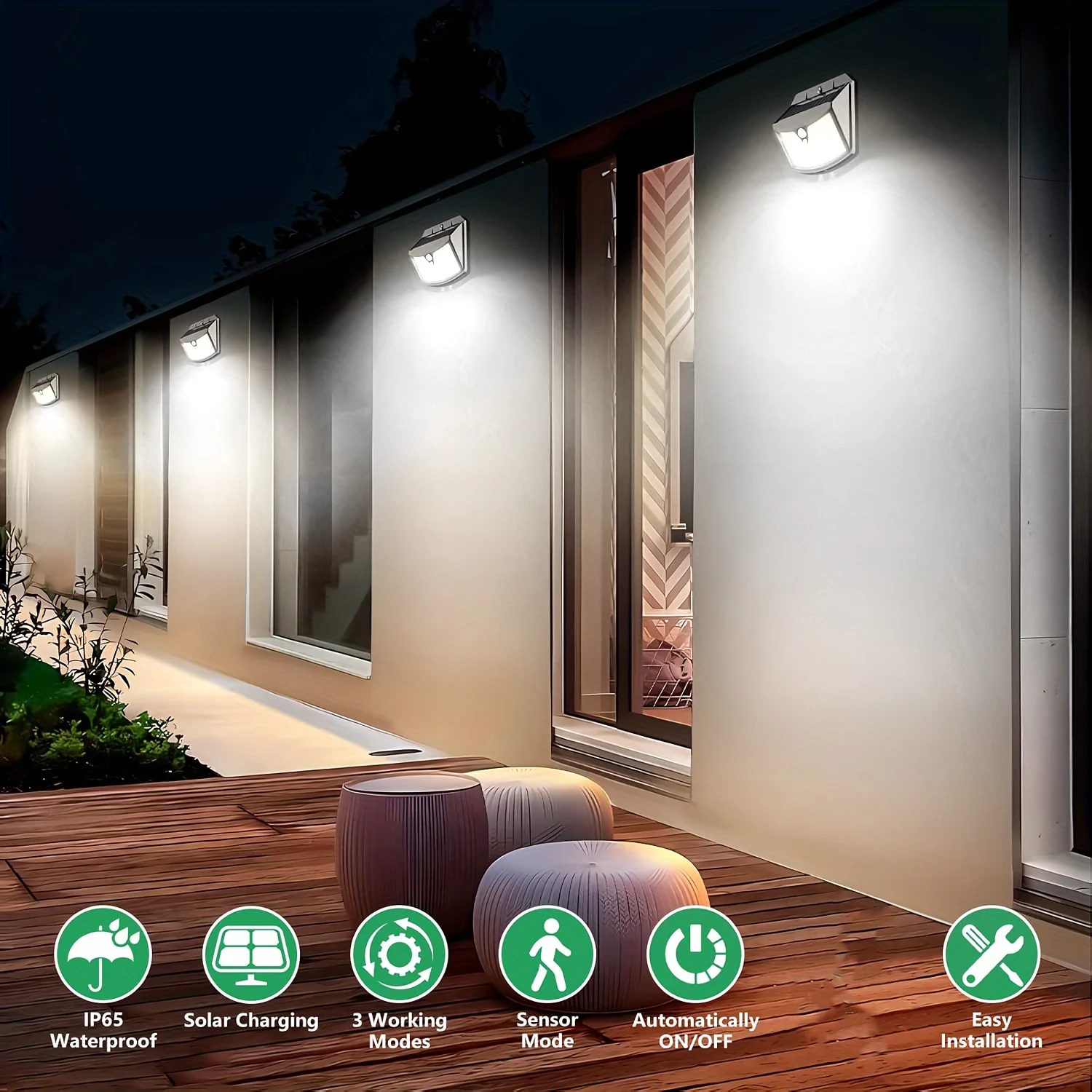 70LED ضوء حائط، أضواء شمسية بمستشعر حركة، IP65 مقاومة للماء، مصابيح شمسية خارجية، 120 °   زاوية الإضاءة 1200 مللي أمبير بدون جهاز تحكم عن بعد 1/2 قطعة