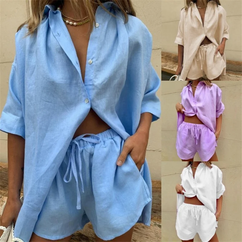 

Casual Womem Yellow Lounge Wear Summer Tracksuit Shorts Set Long Sleeve Shirt Tops And Mini Shorts Suit 2022 New Two Piece Set