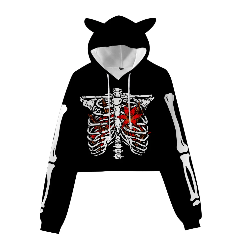 

Personality Hip hop Women Clothes Skeleton Skull Heart Cat Ears Crop Tops Women Sexy Short Style Navel Hoodies Girls Sweatshirt