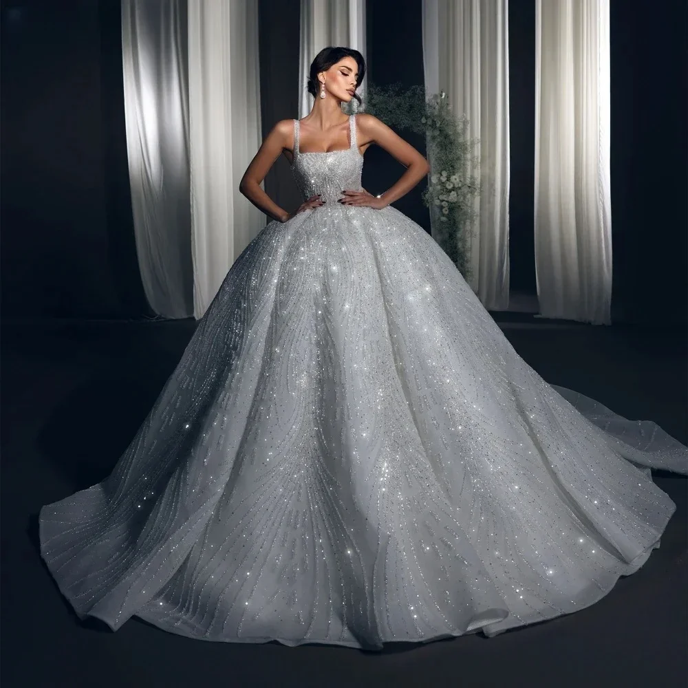 Flavinke Abiti da sposa personalizzati con abito da ballo Squisito colletto quadrato con paillettes e perline Abiti da sposa senza maniche