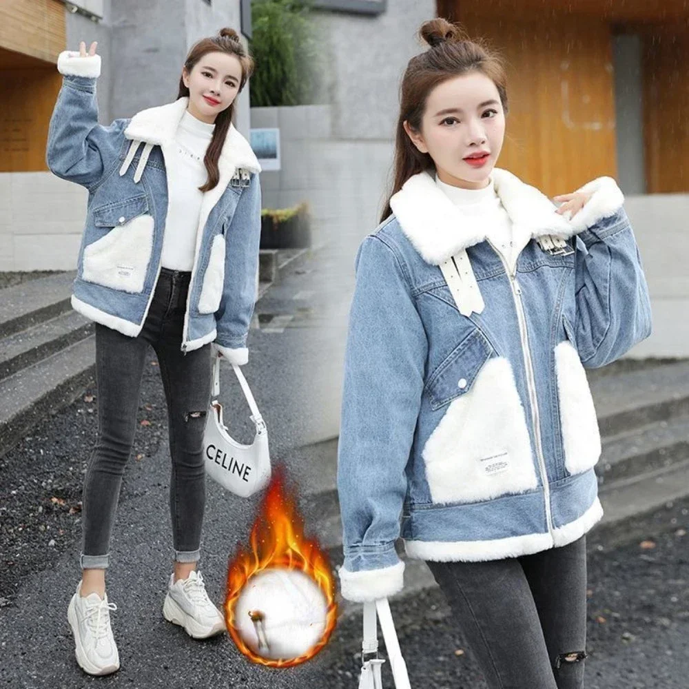 

Street Jeans Overcome Autumn Winter New Lamb Wool Thick Denim Jacket Women Outwear Korean Loose Net Red Cotton Clothes coat