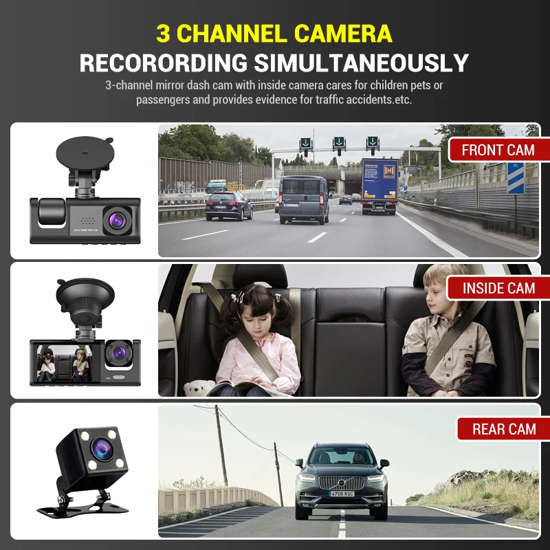 Dash cam a 3 canali per auto anteriore e posteriore all'interno, 1080P BlackBox IR Night Vision, registrazione in Loop Car DVR Camera schermo IPS da 2 pollici