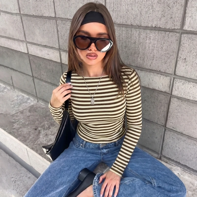 Hugcitar Gestreiftes Farbblock-Langarmshirt, Sexy Slim Fit Crop T-Shirt Top, Herbst Damenmode Kleidung, Streetwear, Party, Club – Detail 16