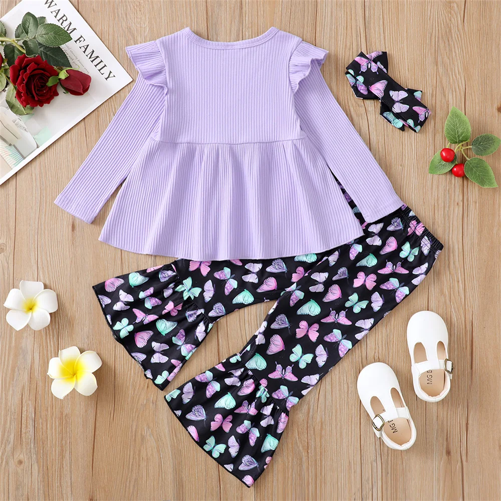 3PCS Kids Baby Girl Autumn Clothes Set Long Sleeve Top+Butterflies Pant with Headband Lovely Outfit for Children Girl 1-5 Years