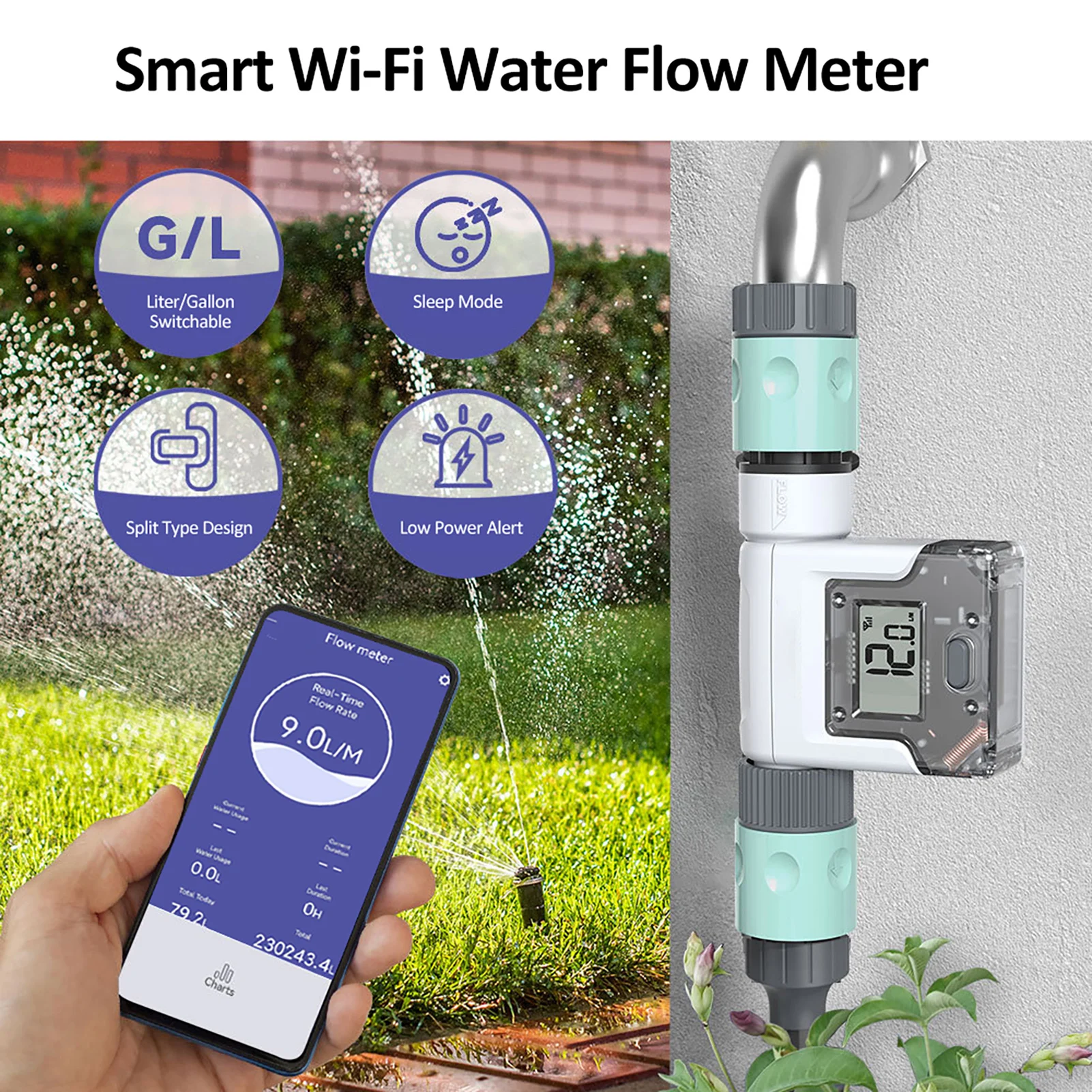 WiFi Water Flow Meter for Garden Hose Smart Water Meter with 4 Flow Modes Real Time Flow Tracking Easy Reading Display Usage