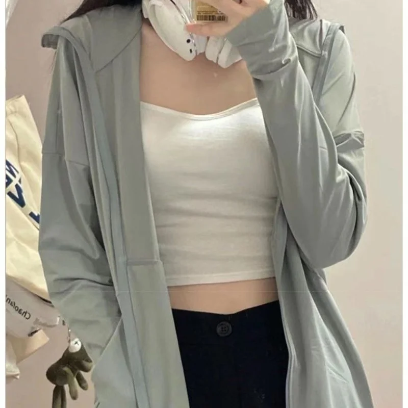 Letní dámská ledově hedvábná pevná bunda proti slunci, tenká nová módní zipová kapuce, všestranný volný střih, prodyšný kardigan - náhled 4