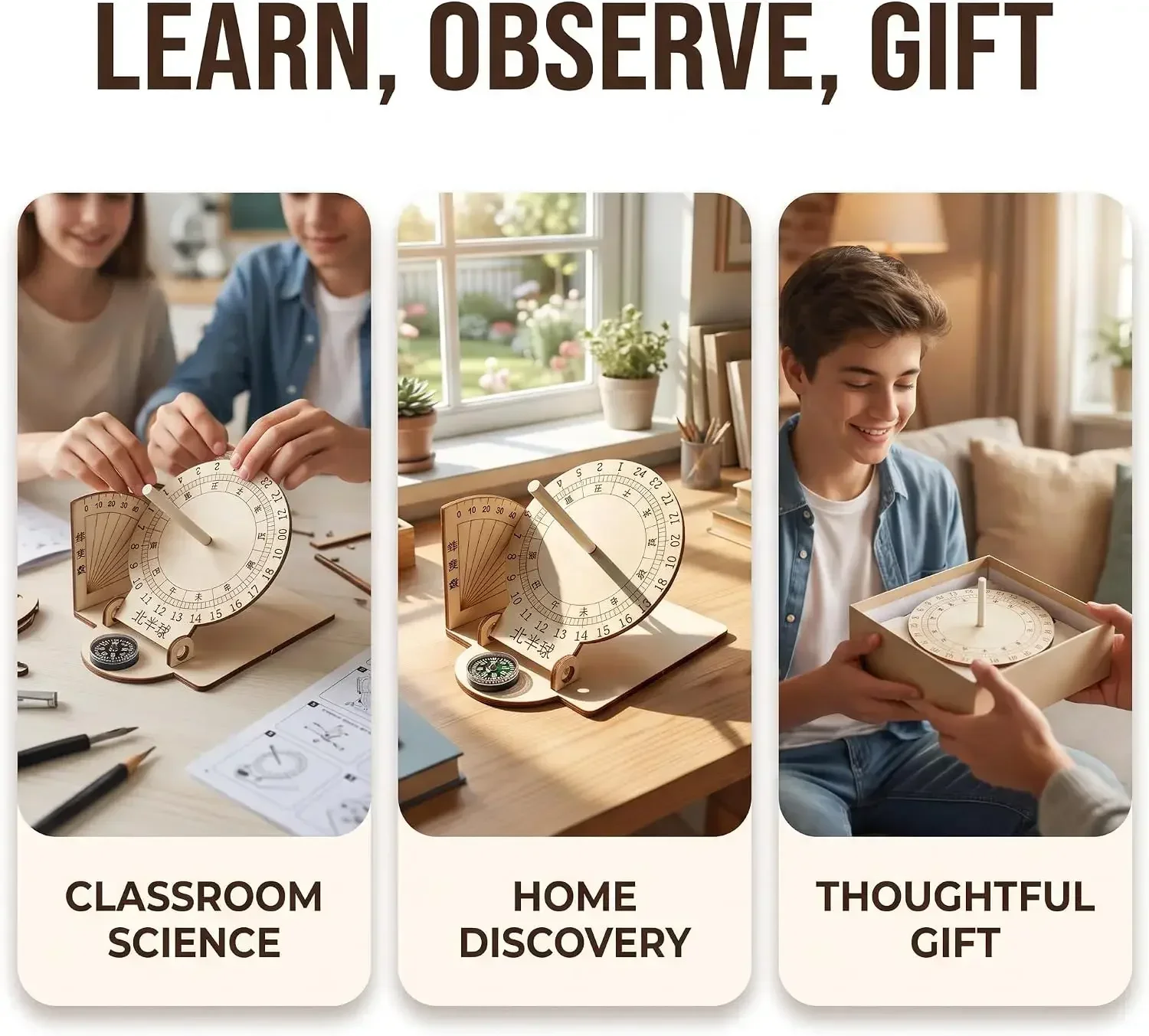 Wooden Sundial-Scientific Model Teaching Practical Wooden-Sundial Model Ancient Timers -Home Desk Decorations Specialty Clocks