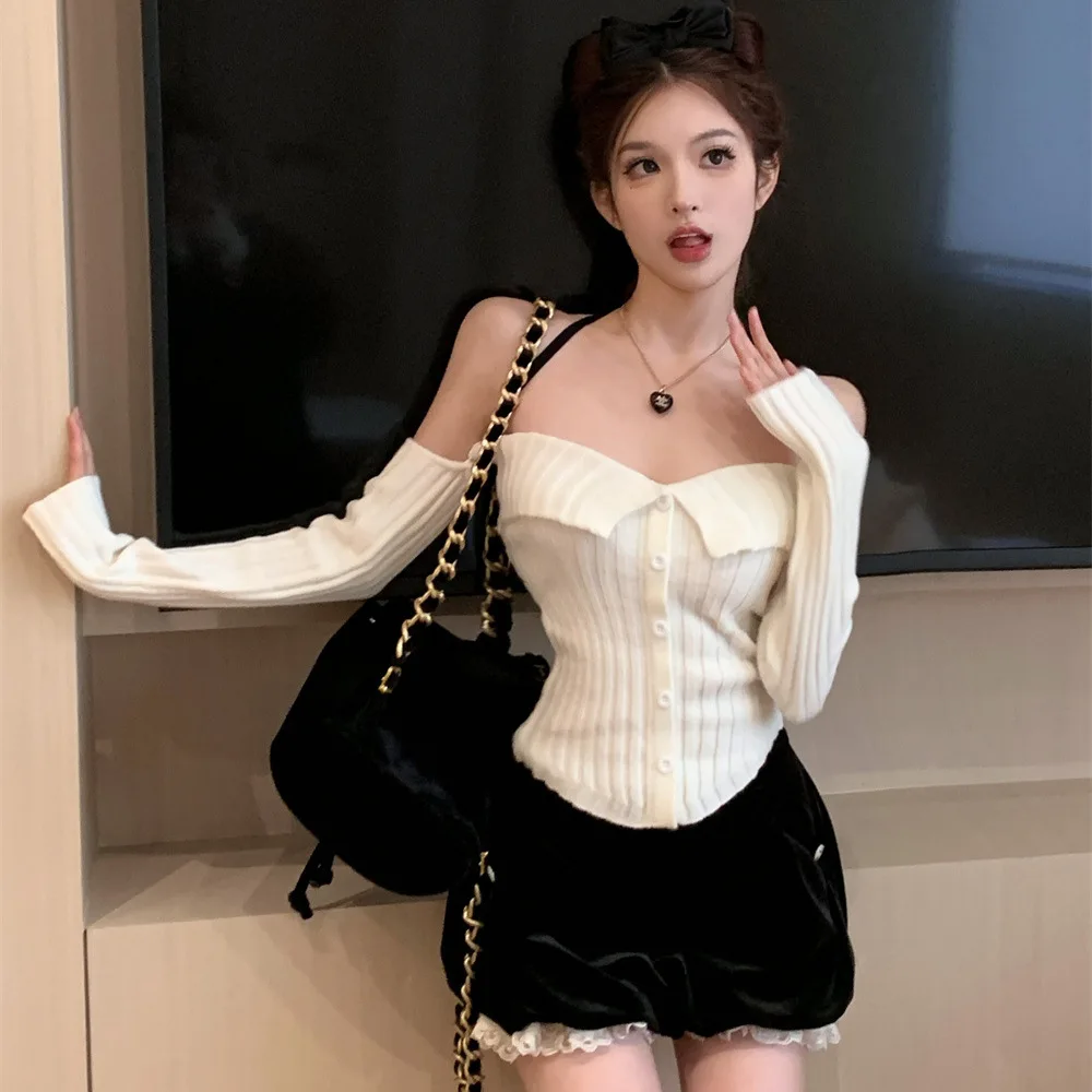 2025 herbst Winter Neue frauen Sexy Halter Off Schulter Lange Ärmel Stricken Top Schlank Abgeschnitten Weiß Pullover