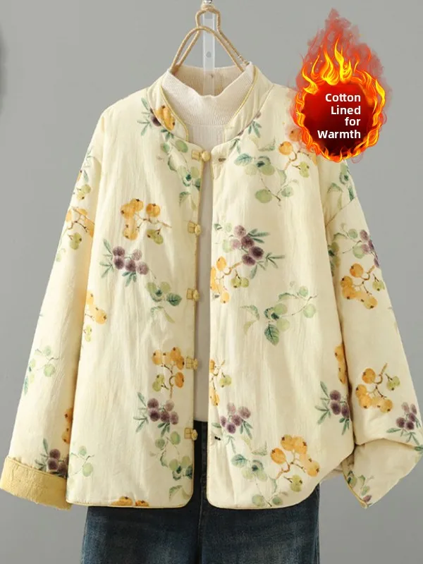 

Новая китайская двусторонняя теплая хлопковая стеганая куртка свободного кроя с длинными рукавами и воротником-стойкой, женский топ в стиле чайной церемонии