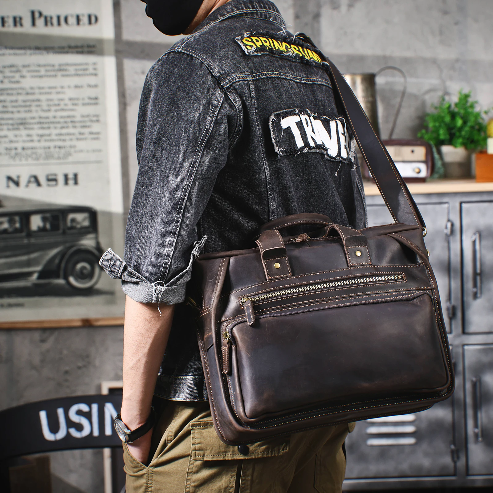Vintage Echtleder Herren-Aktentasche 14" Laptop-Tasche Crazy Horse Leder Messenger-Handtasche Rindsleder Geschenkidee für Männer – Detail 5