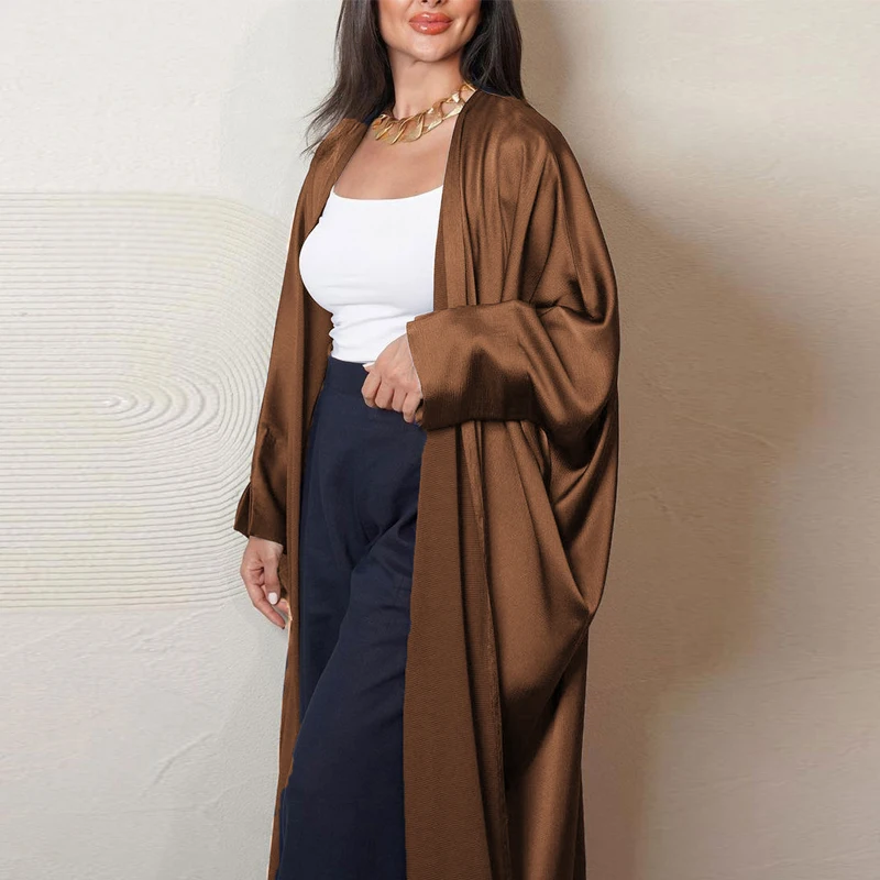 Kimono Abayas Women Modest Muslim Moroccan Dubai Fashion Casual Open Abaya Silk Satin Corban Split Sleeve Cardigan Eid Al Adha