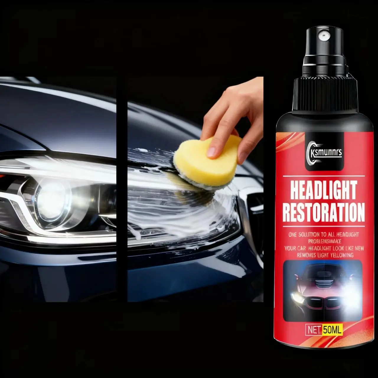 Ksmunnrs Headlight Restoration Spray 50ML, Car Headlight Lens Cleaner & Restorer, Removes Yellowing, Restores Clarity, Auto Head