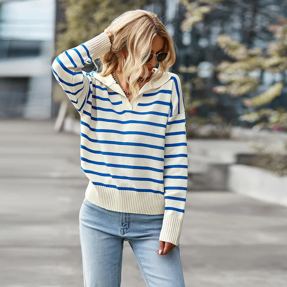 Autumn and Winter New Striped Sweater for Women Turn-down Neck Soft and Comfortable Warm Top Fashion Casual Pullovers