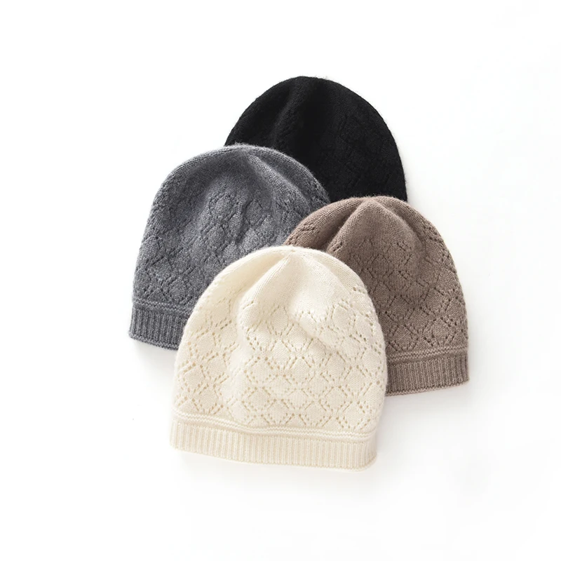 100% الكشمير الخالص الجوف الماس محبوك سميكة ذات حواف قبعة البلوز للرجال والنساء عادية الجاكار الغزل كومة قبعة الباردة