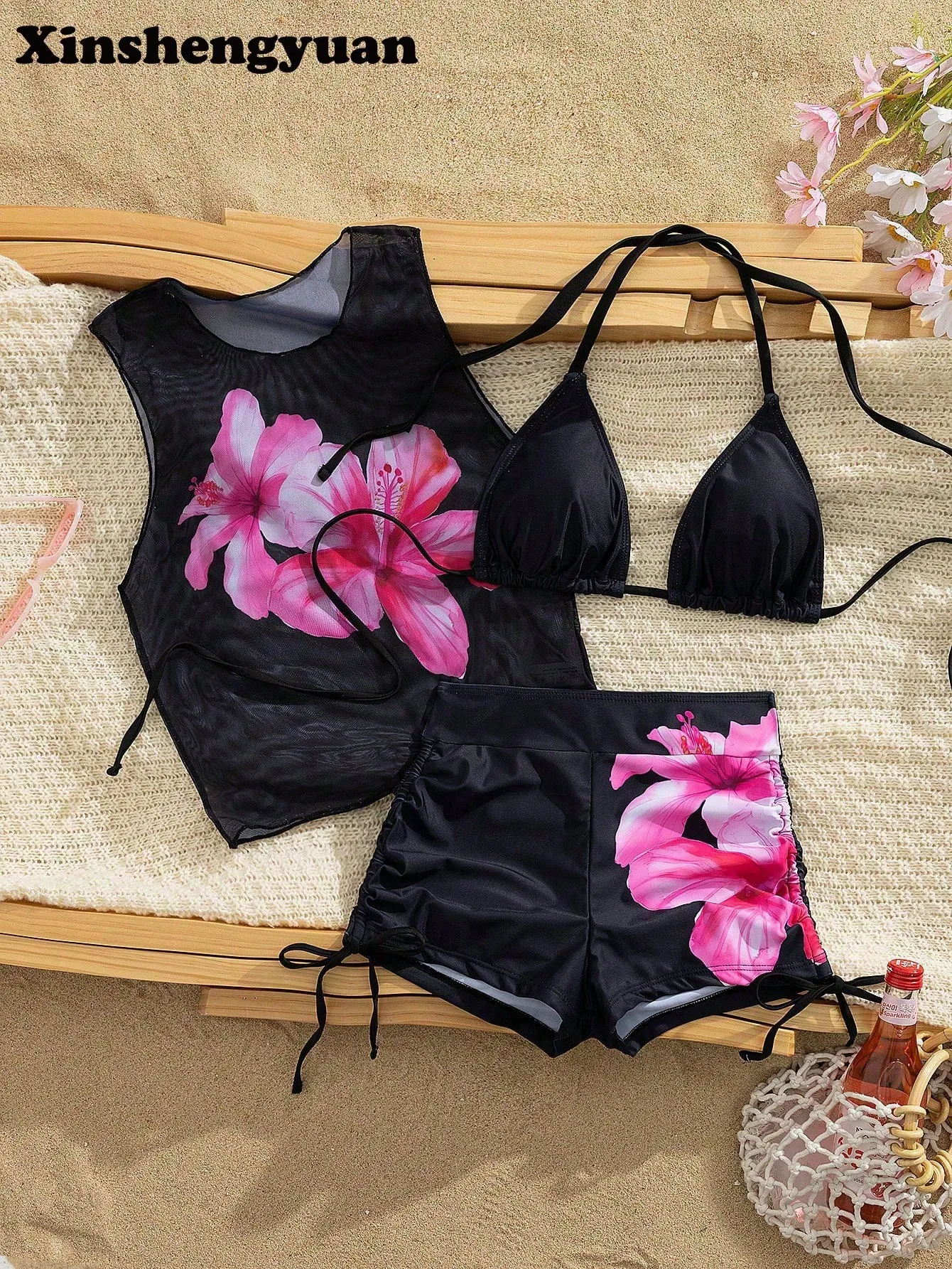 

3 Piece Bikini Set With Hibiscus Floral Print Sheer Top Halter Neck Drawstring Side Pleated Briefs