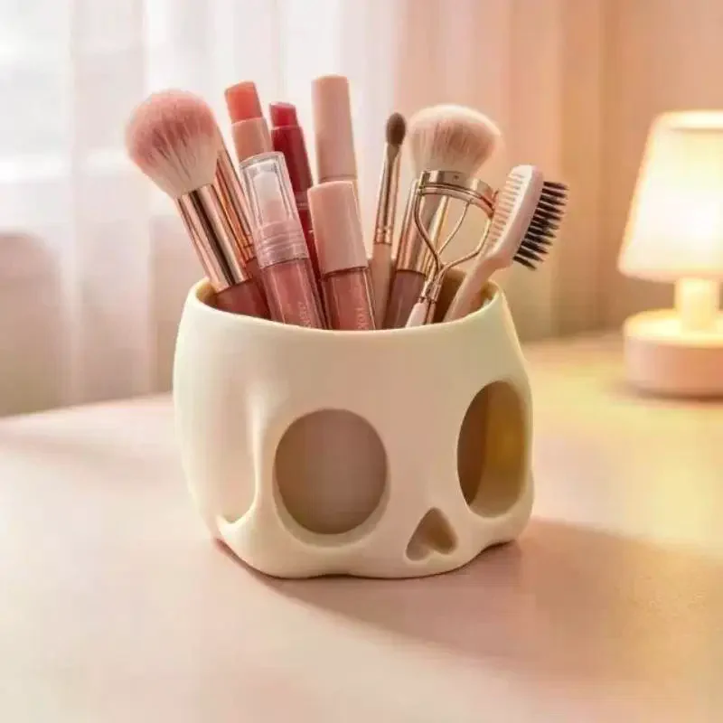 Retro Art Skull Shaped Pen Pencil Holder Home Office Desk Makeup Supplies Office Organizer Accessory Prop