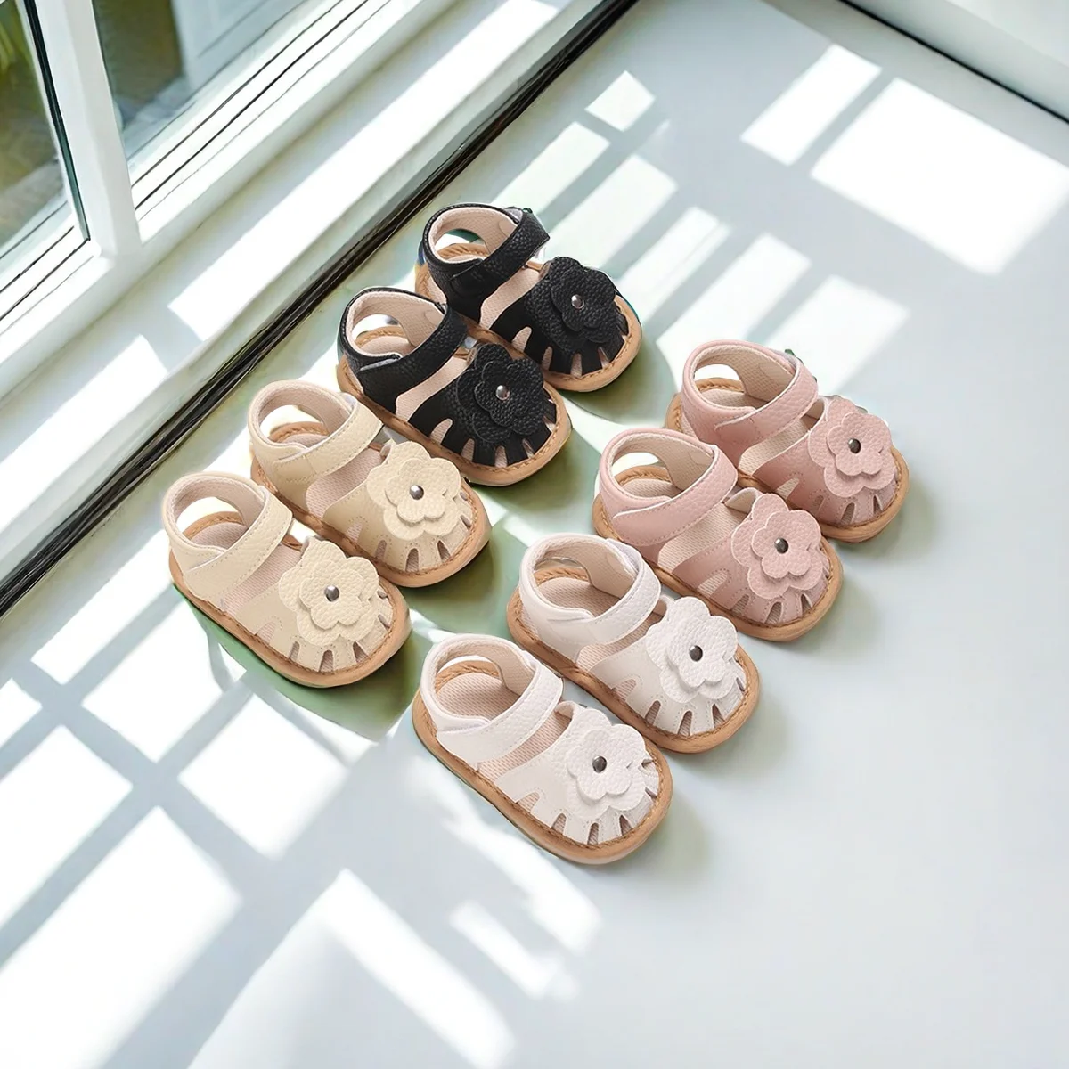 

Cute 0-18M newborn flower sandals for girls in summer PU soft rubber sole anti slip baby first step walking shoes baby sandals