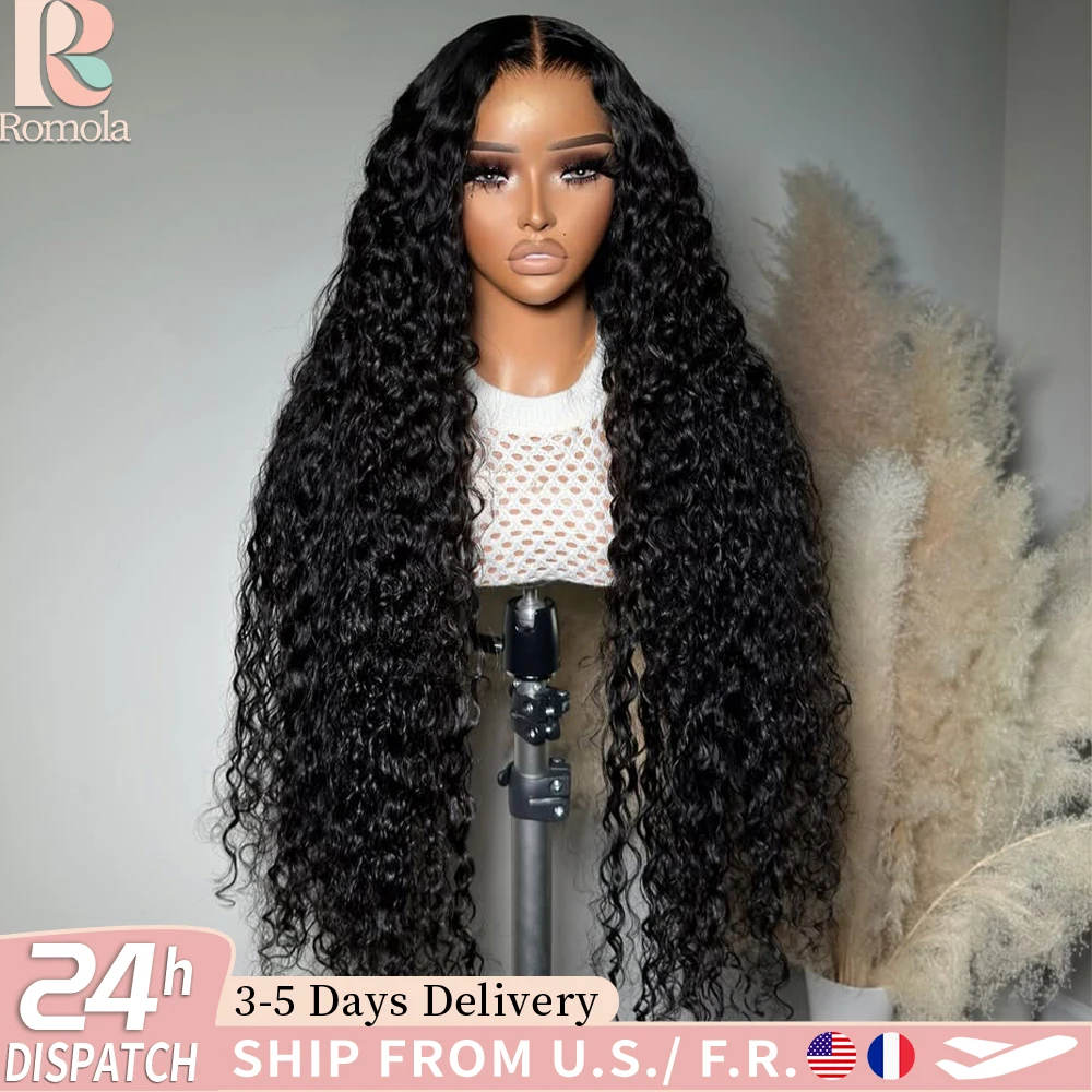 

Парик из натуральных волос Romola Curly Human Hair Water Wave 1B Black HD Lace 13x6 Deep Wave, бразильские волосы, с предварительно выщипанными прядями и эффектом baby hair, плотность 200%