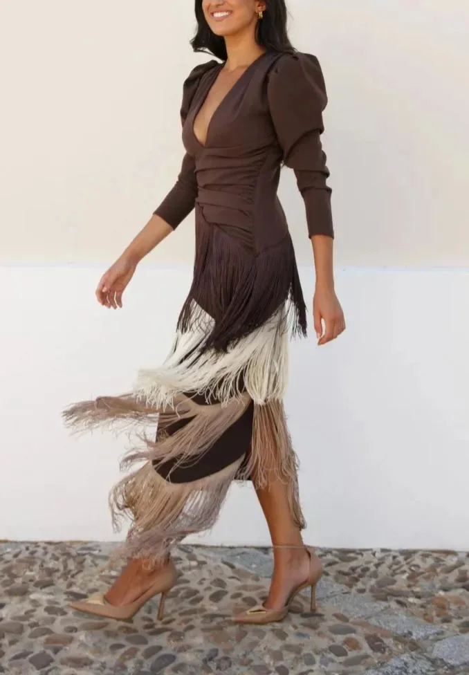 New 2026 French Elegant Deep V Neck Prom Dresses for Women Spring Fashion Spliced Tassel Dress Woman Long Sleeve Slim Maxi Dress
