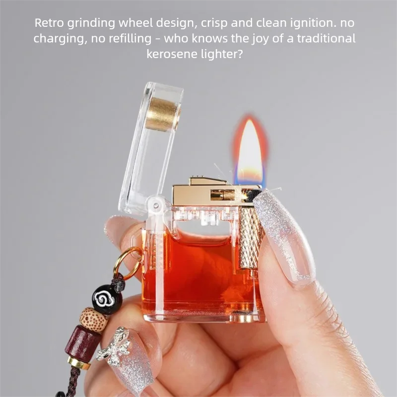 New Compact and Portable Kerosine Lighter, Transparent Visible Oil Tank Creative Pendant Side-sliding Grinding Wheel Lighter