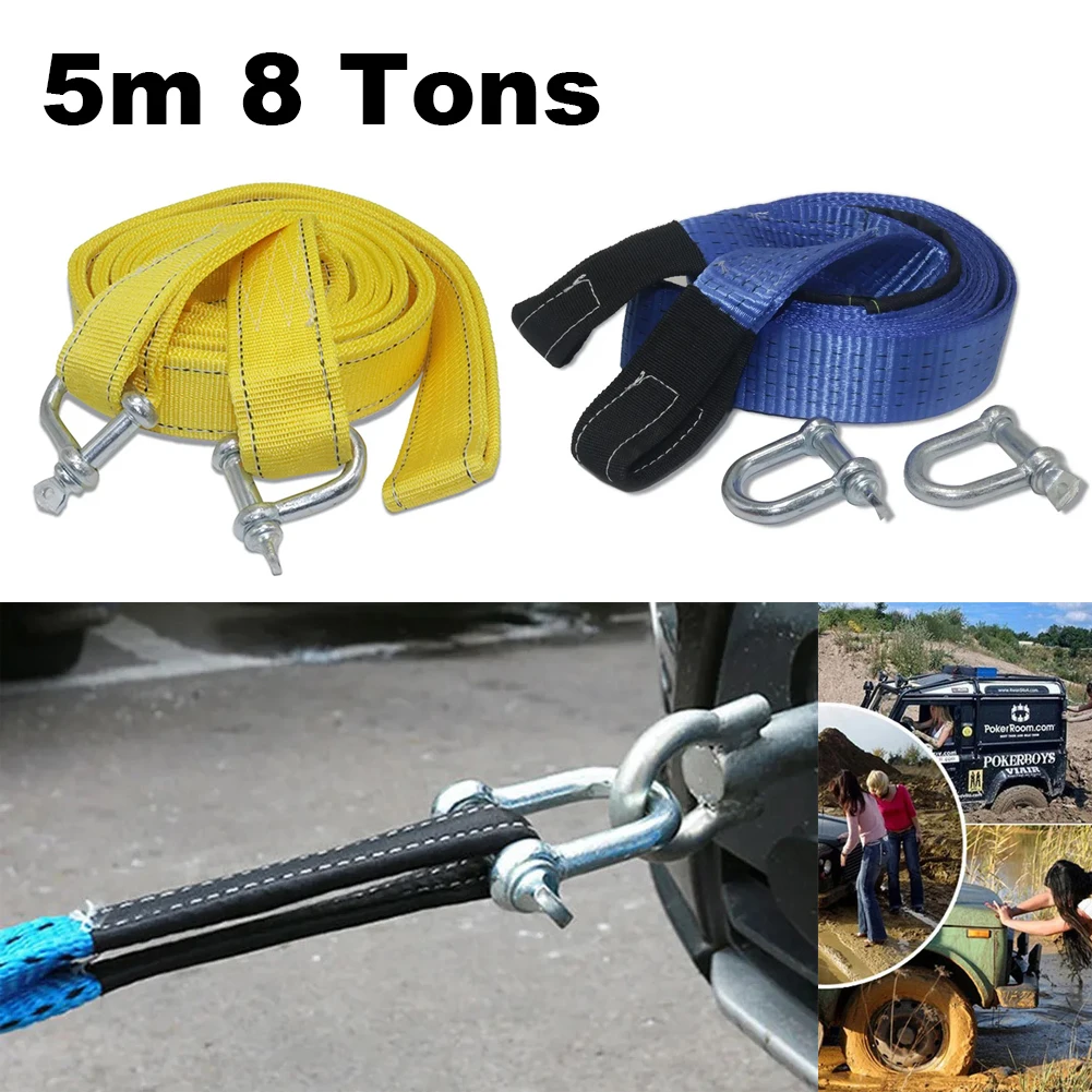 Car Tow Strap Racing Auto Winch Rope Nylon 5m 8Tons Recovery Towing Cable Strap Belt Heavy Duty Off Road Accessories Metal Hooks