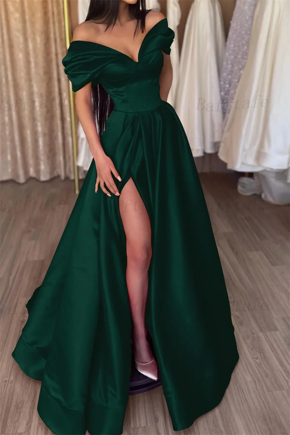 Bafftafe A Line Satin Women Evening Dresses Off The Shoulder Slit Long Prom Gowns Formal Special Occasion Party Dress Customized