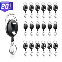 20 Pcs Large Pack Black Retractable Badge ID Card Holders Keyring with Carabiner Reel Clips Keychain Accessories