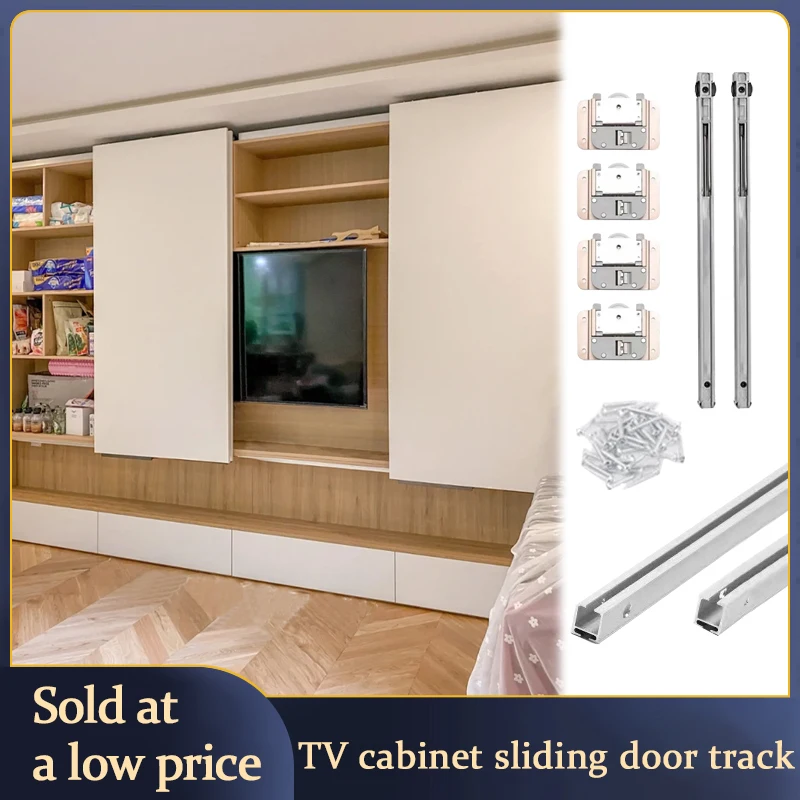 

No-Groove TV Cabinet Sliding Door Track Buffered Side-Mount Hardware Kit For Bookshelf Wardrobe Pull-Out System