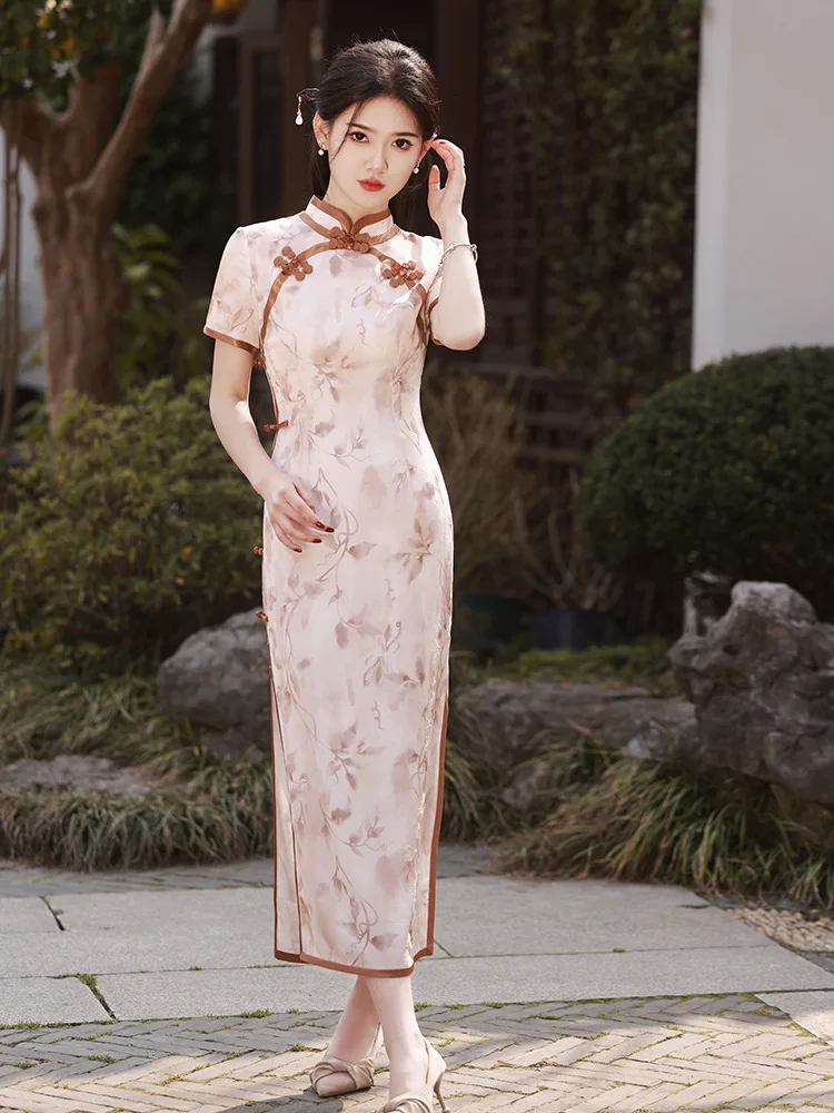 Vintgae Elegant Female Long Qipao Sexy Slim Split Cheongsam Summer Short Sleeve Chinese Dress Print Floral Vestidos