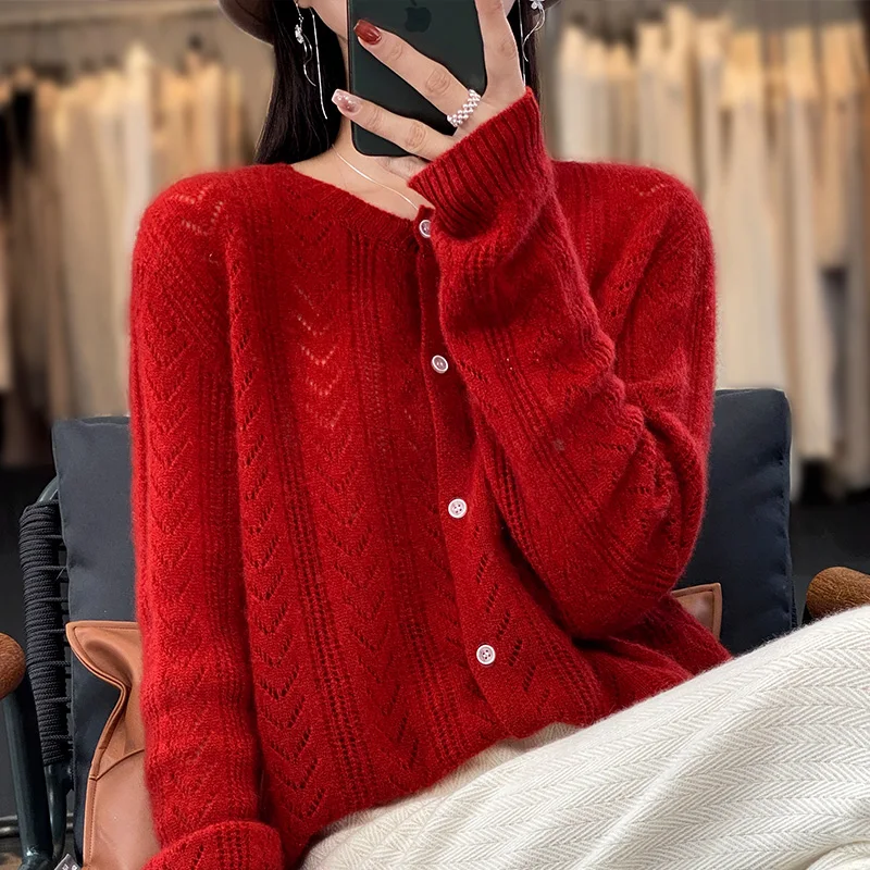 100% Pure Wool Cashmere Cardigan For Women\'s O-Neck Wishbone Garment Top Casual Knit Loose Fitting Korean Version Female Jacket