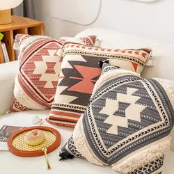 Bohemia Embroidery Cushion Cover Brown Boho Ethnic Style Geometric Floral Pillow Cover With Tassels 45x45cm Home Decor