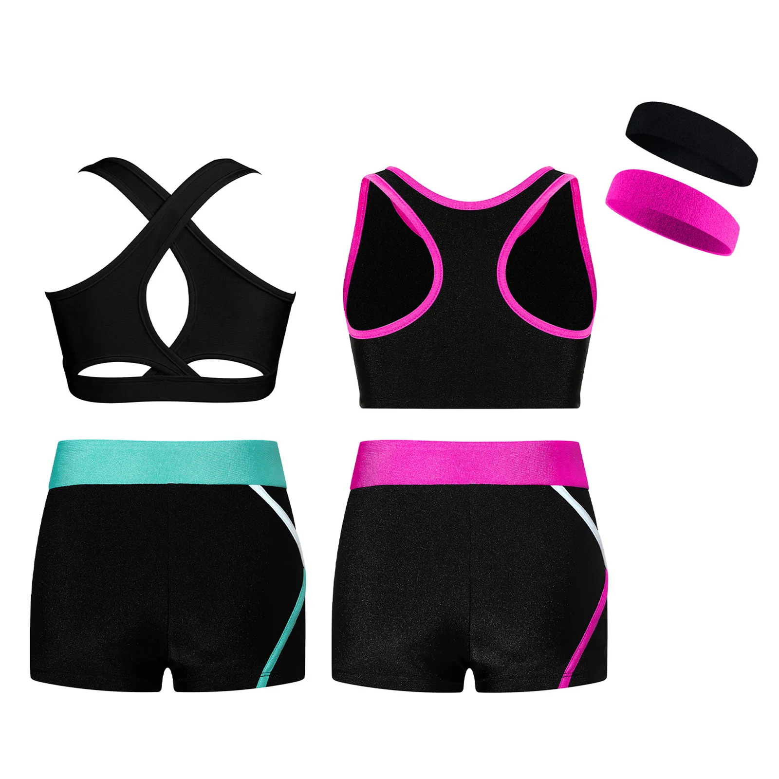 Kids Girls Sports Suits Tracksuits Sleeveless Cropped Vest And Shorts Headband for Gymnastics Workout Running Dance Training Set