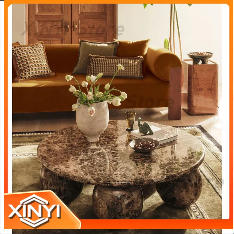 Vintage Earthy Brown Natural Marble Ball Base Coffee Table Most Popular in French EPR Coffee Tables
