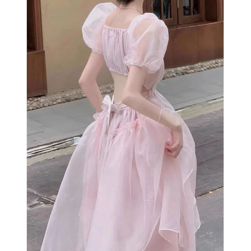 French Gentle First Love Escape Princess Dress Super Immortal Pink Bubble Sleeve Dress Women's Summer Long Dress