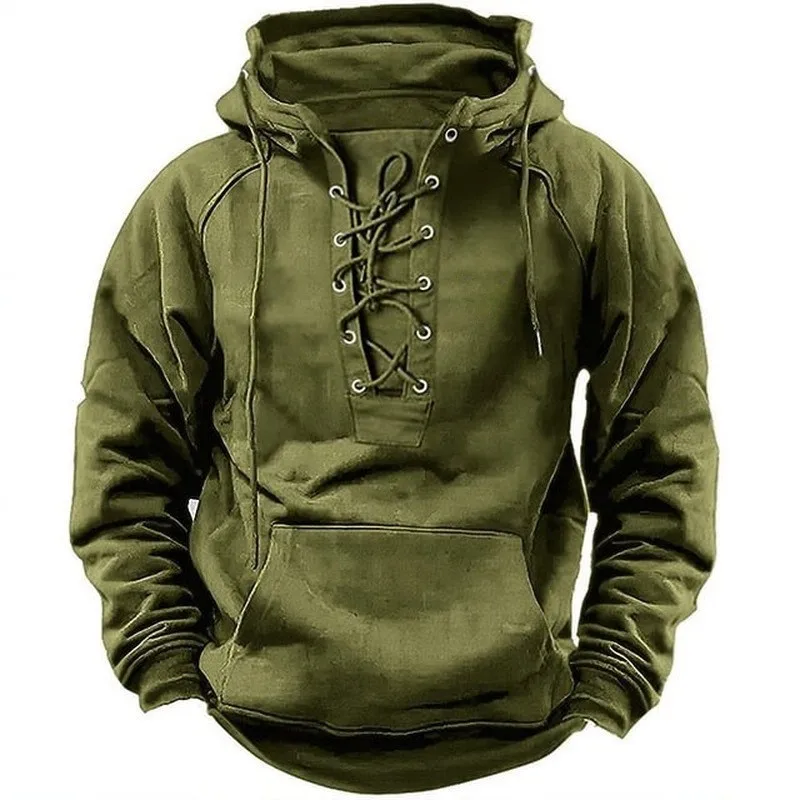 2025 Men's Lace Up Hoodie Fashion Solid Sweatshirt Casual Pullover Spring Kangaroo Pocket Casual Male Hooded Pullover Sportwear