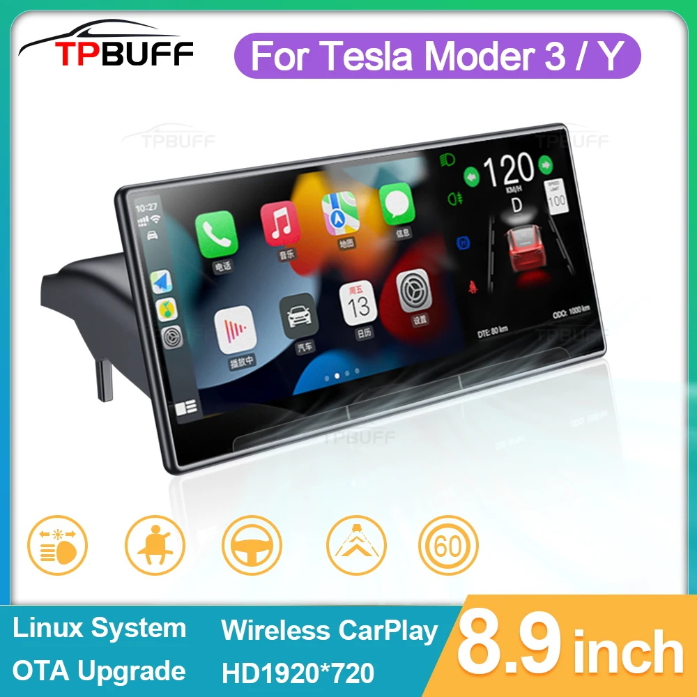 TPBUFF Cruscotto Digitale per Tesla Modello 3 Y Heads Up Display Carplay Android Auto Schermo HUD da 8,9 pollici Telecamera di Velocità di