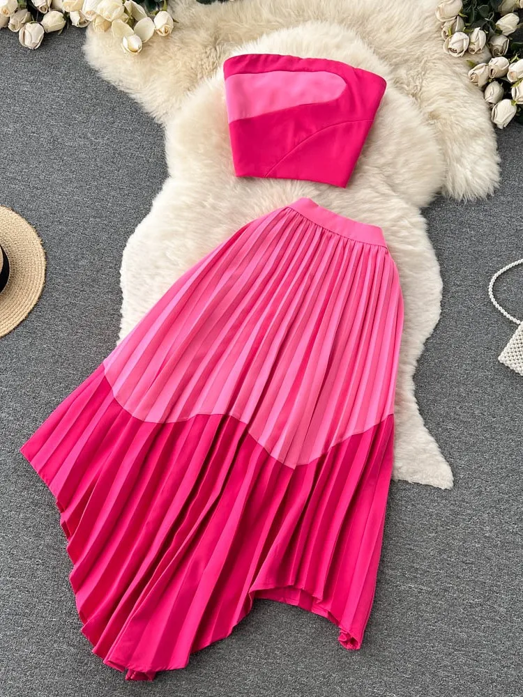 Women Strapless Sexy Skirt Sets Contrasting Slim Short Top & Pleated Midi Skirt Suits Summer Fashion Female Two Pieces Suits