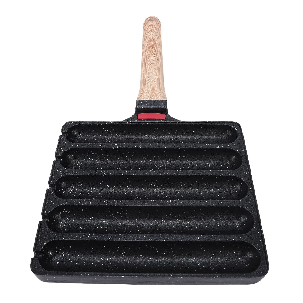 Aluminum Alloy Sausage Grill Pan Wooden Handle Even Heat Distribution Hot Dog Skillet Nonstick Hanging Hole Breakfast Skillet