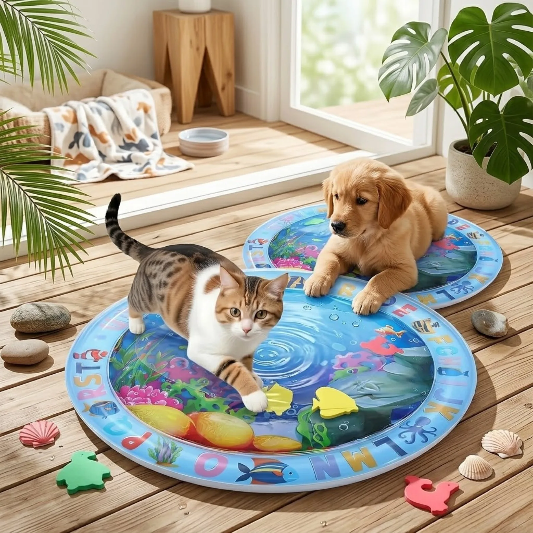 Thickened Inflatable Water Play Mat, Ocean Fish Themed Sensory Activity Pad Interactive Cooling Toy for Cats Dogs