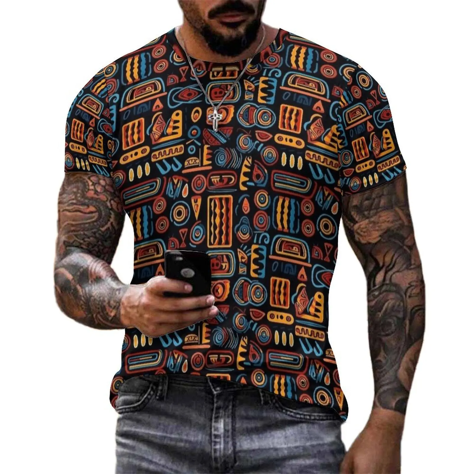 Man African Vintage Tile Print T-Shirt Vintage T-Shirts Short Sleeve Graphic Tops Wholesale Streetwear Oversized Top Tees