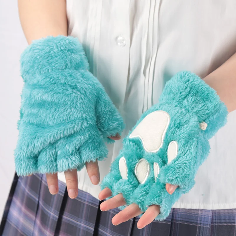 Frauen Cartoon Katze Klaue Handschuhe Verdickt Plüsch Schöne Stil Bärentatze Ausgesetzt Finger Halb Winter Fäustlinge Warme Mädchen Geschenk Handschuhe