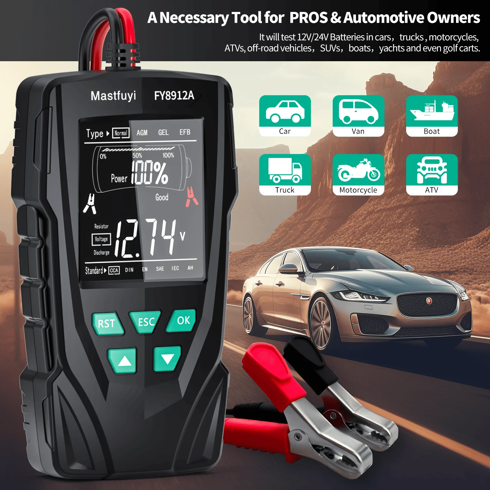 MASTFUYI 자동차 배터리 테스터 12V 24V 디지털 자동차 배터리 분석기 배터리 수명 내부 저항 방전 전류 테스트