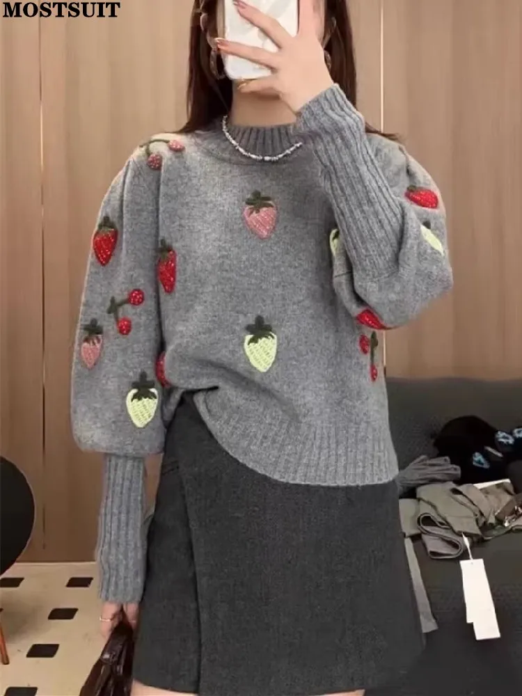 Grey Strawberry Crochet Sweater Pullover Women Long Sleeve O-neck Jumpers Tops Fashion Casual Elegant Ladies Knitwear 2025